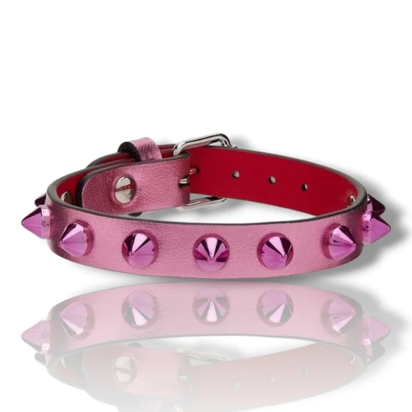 Christian Louboutin Loubilink Hot Pink Glitter Spiked Calf Leather Bracelet 8" - Picture 5 of 11